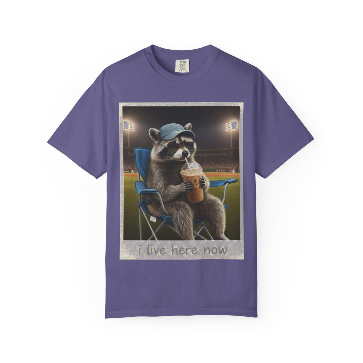 Baseball Raccoon Shirt, I Live Here Now Tee, Funny Ballpark Iced Coffee Shirt, Baseball Mom Gift