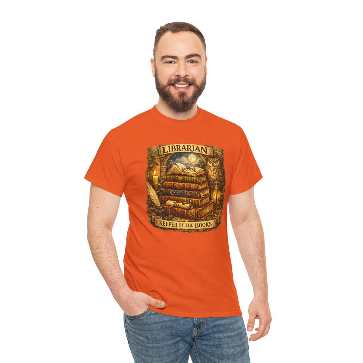 Librarian 'Keeper of the Books' T-Shirt — Vintage Bookstack & Owl Graphic
