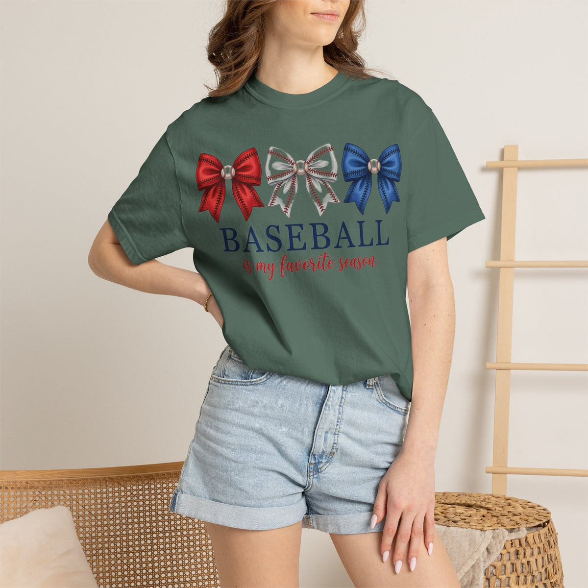 Baseball Is My Favorite Season Tee, Small Bow Trio Baseball Shirt, Coquette Sports Mom Shirt, Game Day Gift