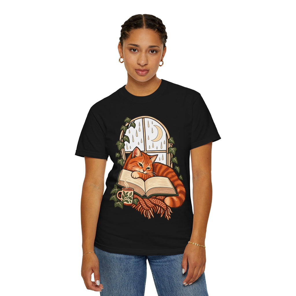 Cozy Reading Cat Shirt, Rainy Window Book Lover Comfort Colors Tee