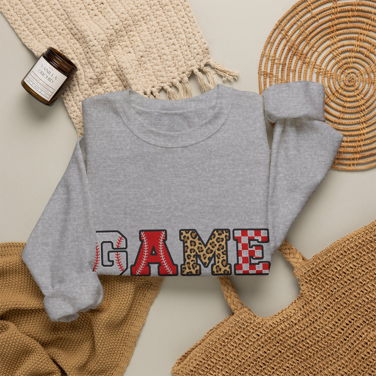 Game Day Sweatshirt, Baseball Leopard Checkered Chenille Letters Sweatshirt, Baseball Mom Sweatshirt, Softball Game Day Gift, Sports Mom Var
