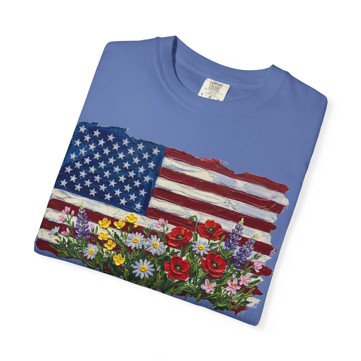 Painted Flag Wildflower Meadow Shirt, Impasto Americana Floral Tee, Patriotic Shirt, Independence Day Gift