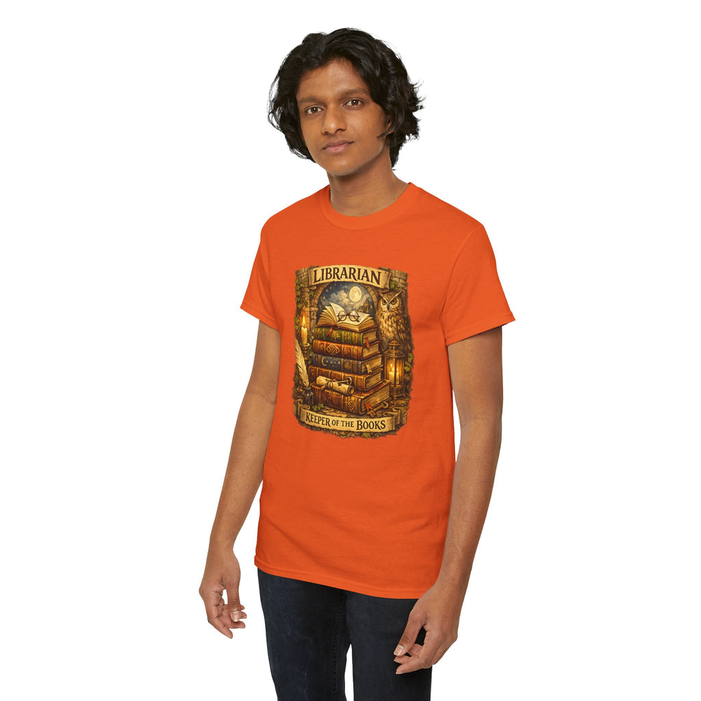 Librarian 'Keeper of the Books' T-Shirt — Vintage Bookstack & Owl Graphic
