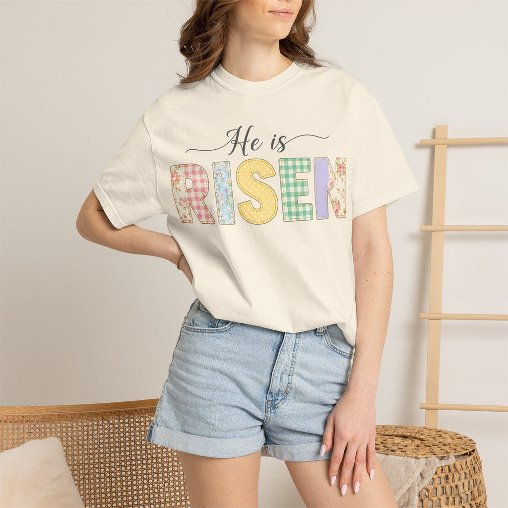 He Is Risen Pastel Patch Shirt, Easter Faux Stitch Letter Tee, Christian Spring Shirt, Easter Gift