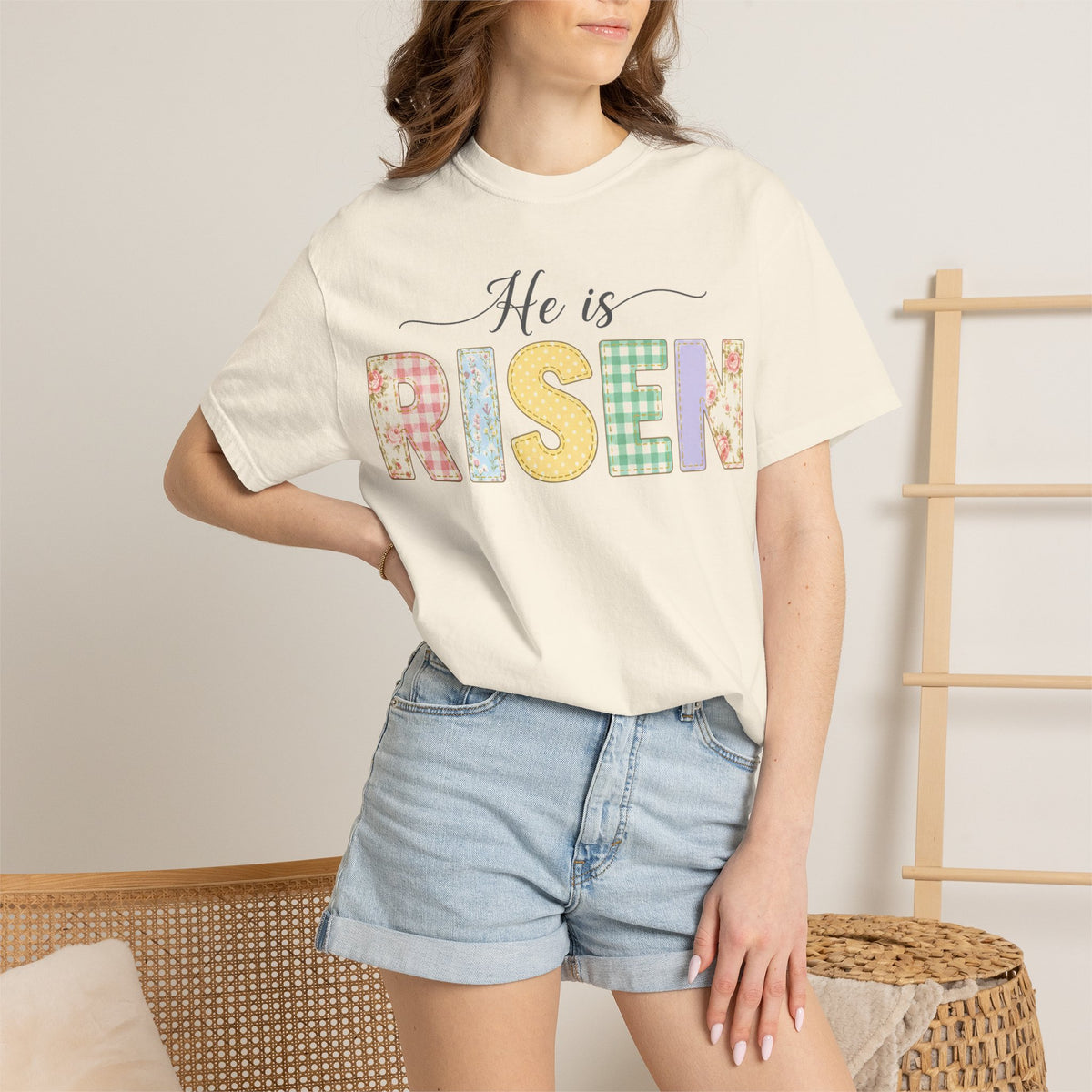 He Is Risen Pastel Patch Shirt, Easter Faux Stitch Letter Tee, Christian Spring Shirt, Easter Gift