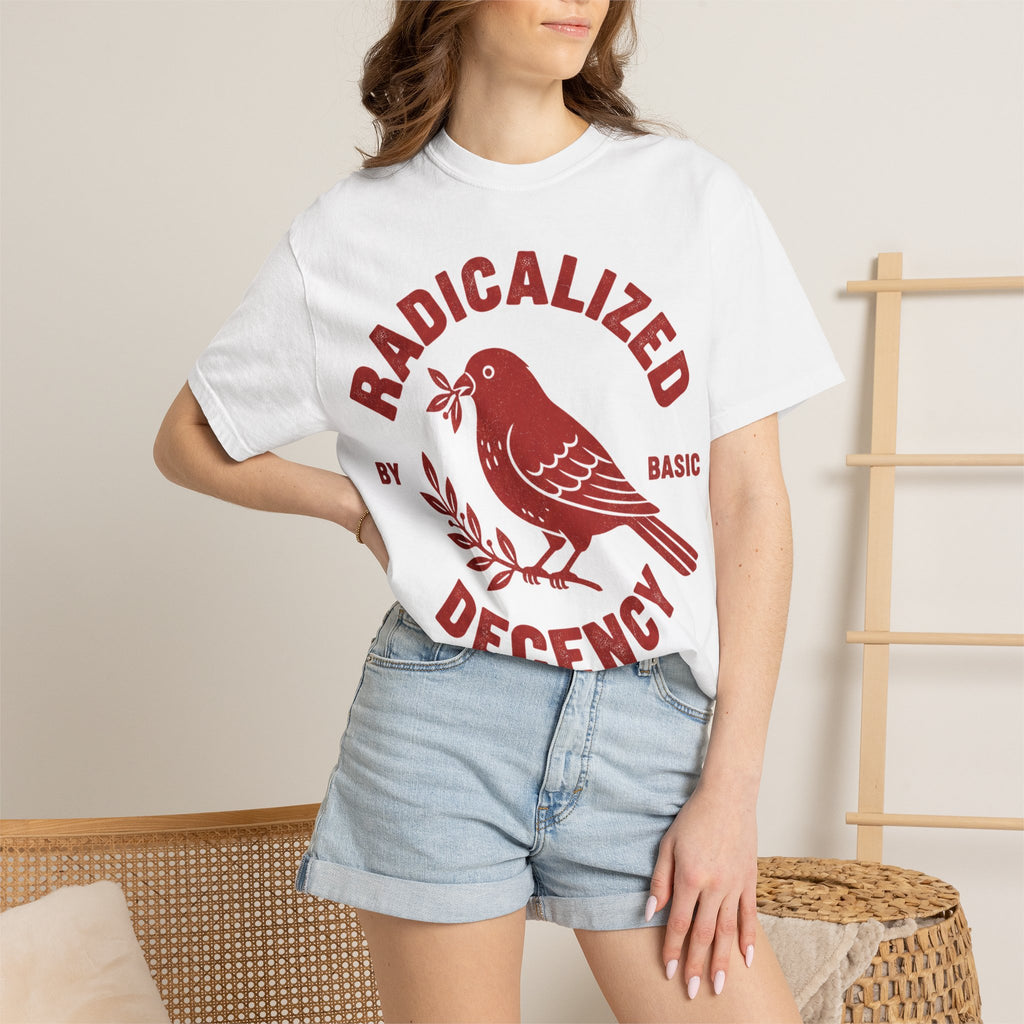Radicalized By Basic Decency Arched Shirt, Red Folk Bird Tee, Kindness Statement Shirt, Activist Gift