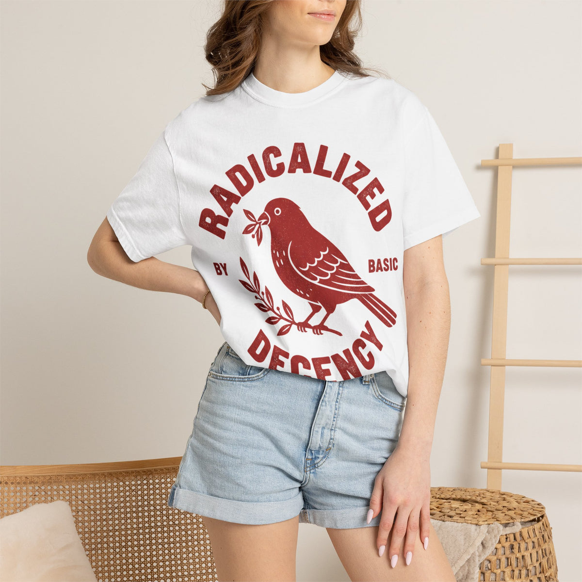 Radicalized By Basic Decency Arched Shirt, Red Folk Bird Tee, Kindness Statement Shirt, Activist Gift