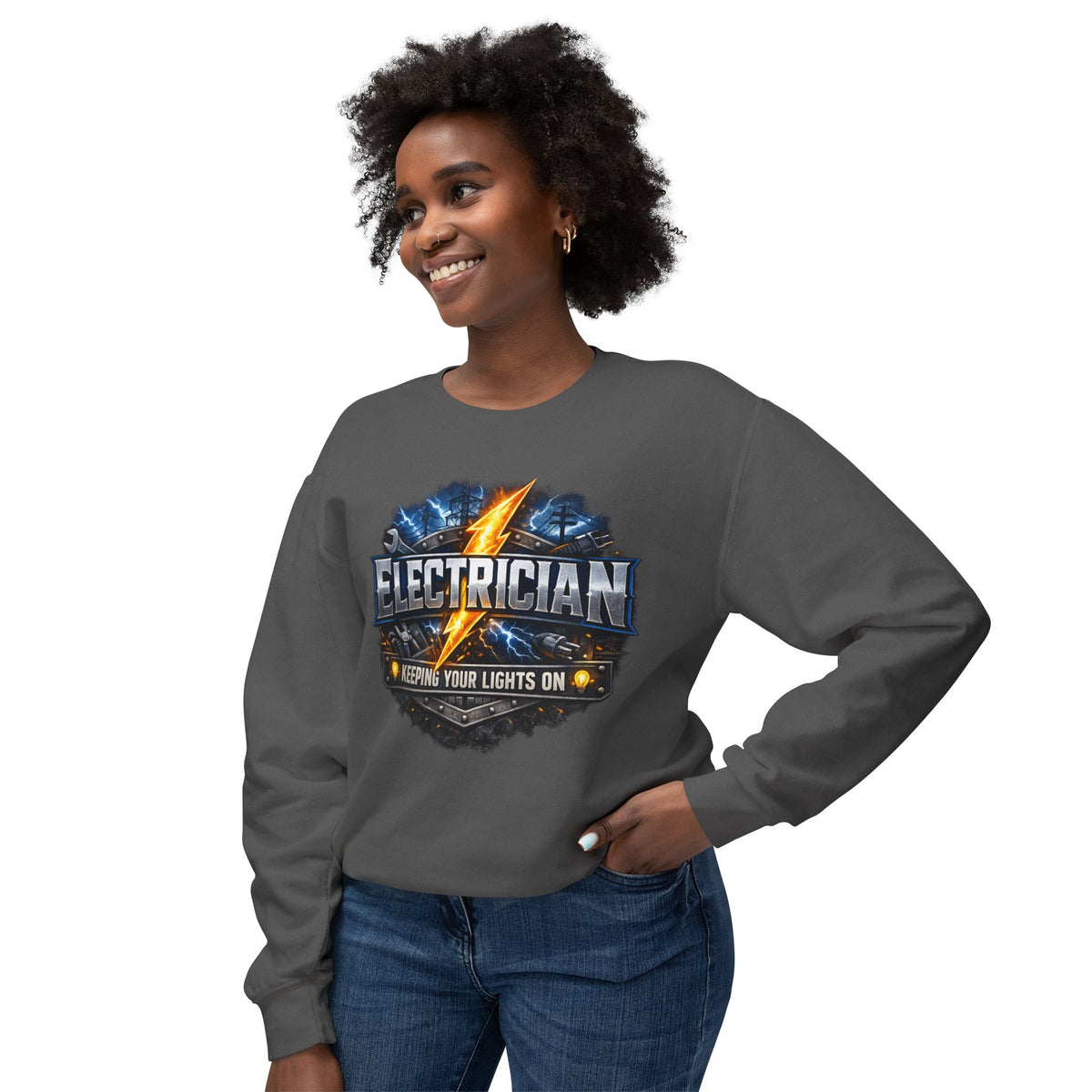 Electrician Crewneck Sweatshirt — "Keepin' Your Lights On" Graphic