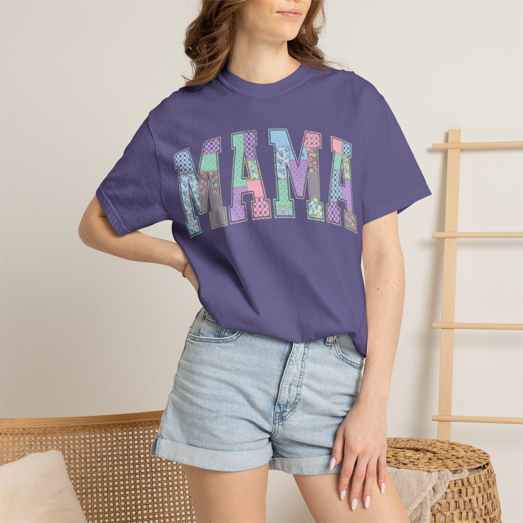 Mama Arched Patchwork Shirt, Pastel Quilt Letter Tee, Cottagecore Mom Shirt, Mothers Day Gift