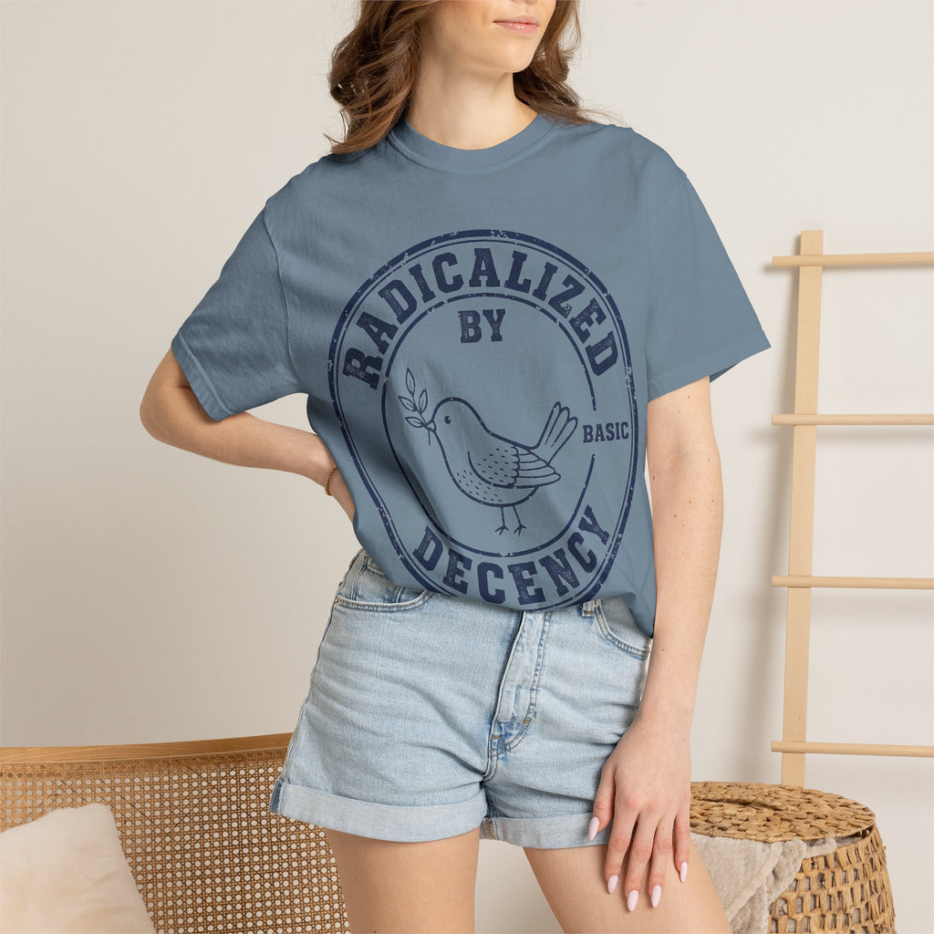 Radicalized By Basic Decency Navy Stamp Shirt, Line Art Dove Badge Tee, Kindness Protest Shirt, Activist Gift