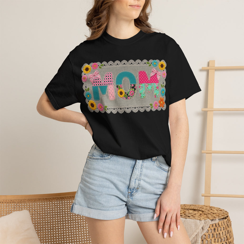 Mom Patchwork Applique Shirt, Faux Embroidery Floral MOM Tee, Mothers Day Shirt, Gift For Mom