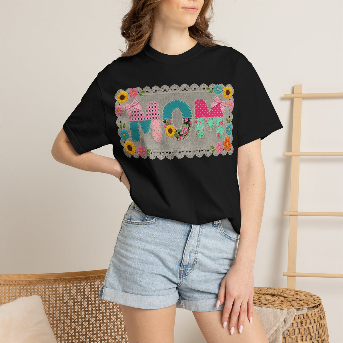 Mom Patchwork Applique Shirt, Faux Embroidery Floral MOM Tee, Mothers Day Shirt, Gift For Mom