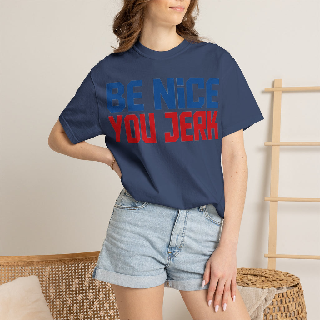Be Nice You Jerk Condensed Shirt, Funny Snarky Quote Tee, Red And Blue Type Shirt, Sarcastic Gift