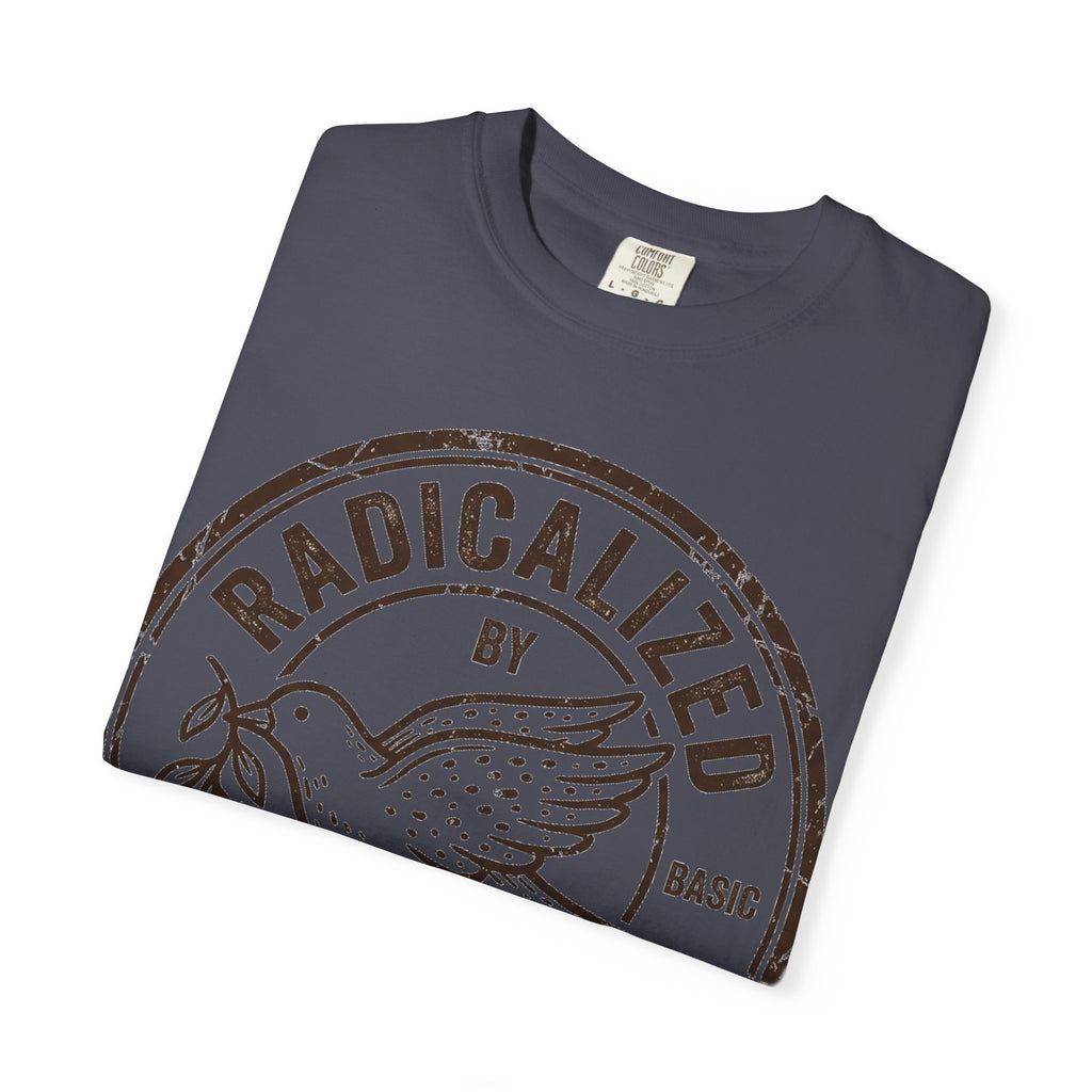 Radicalized By Basic Decency Brown Stamp Shirt, Flying Dove Badge Tee, Kindness Activist Shirt, Ally Gift
