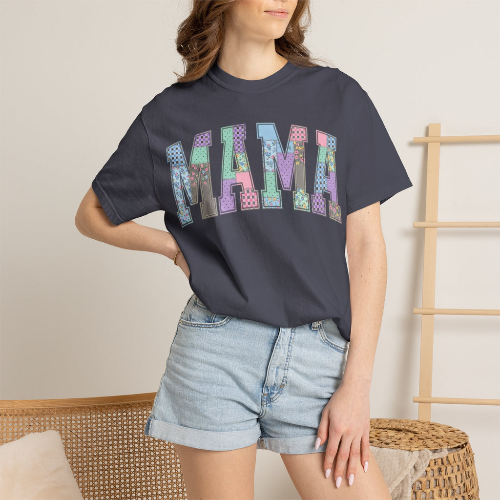 Mama Arched Patchwork Shirt, Pastel Quilt Letter Tee, Cottagecore Mom Shirt, Mothers Day Gift