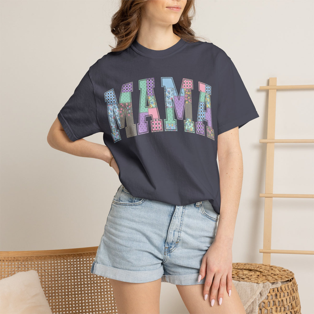 Mama Arched Patchwork Shirt, Pastel Quilt Letter Tee, Cottagecore Mom Shirt, Mothers Day Gift