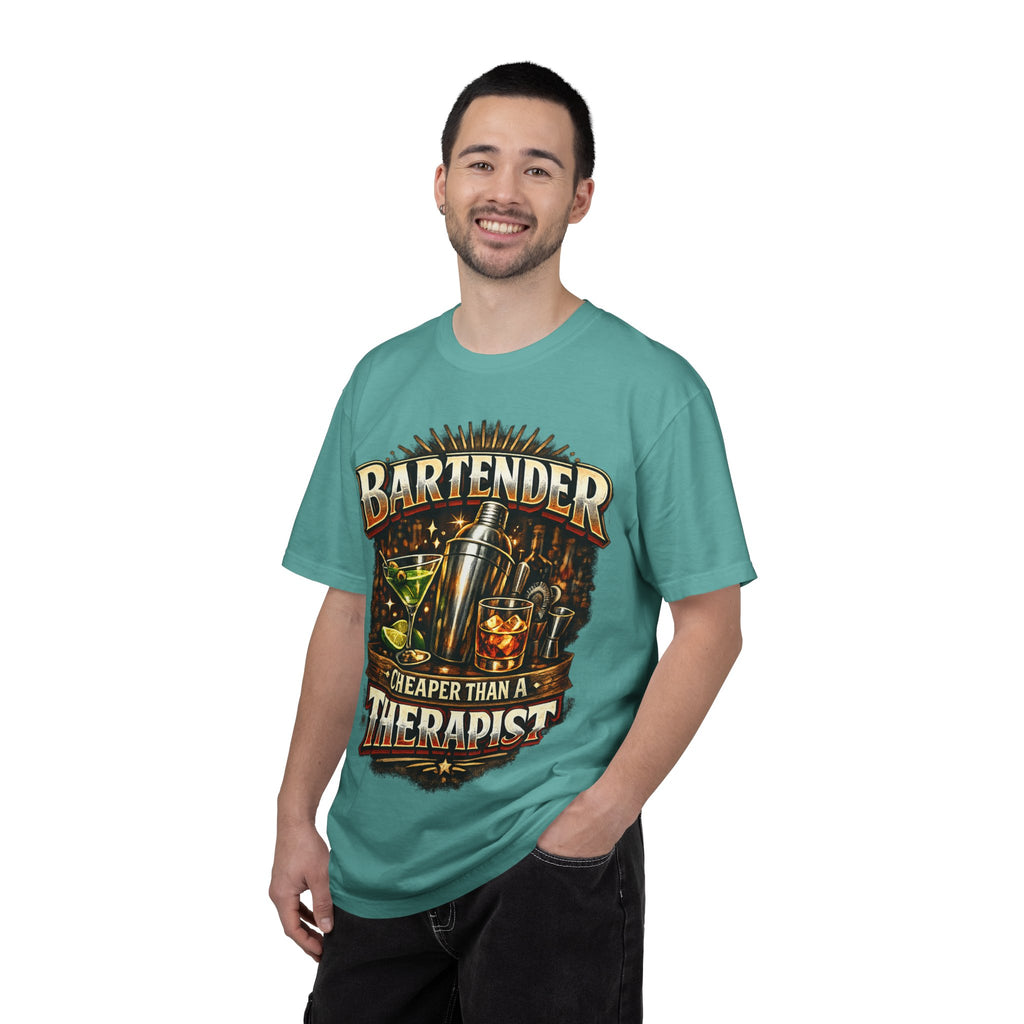 Bartender T-Shirt — "Bartender: Cheaper Than a Therapist" Vintage Bar Graphic Tee