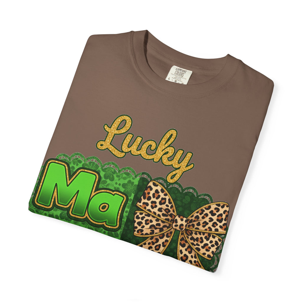 Lucky Mama Quad Shirt, Shamrock Leopard Bow Tee, St Patricks Day Mom Shirt, Irish Mama Gift