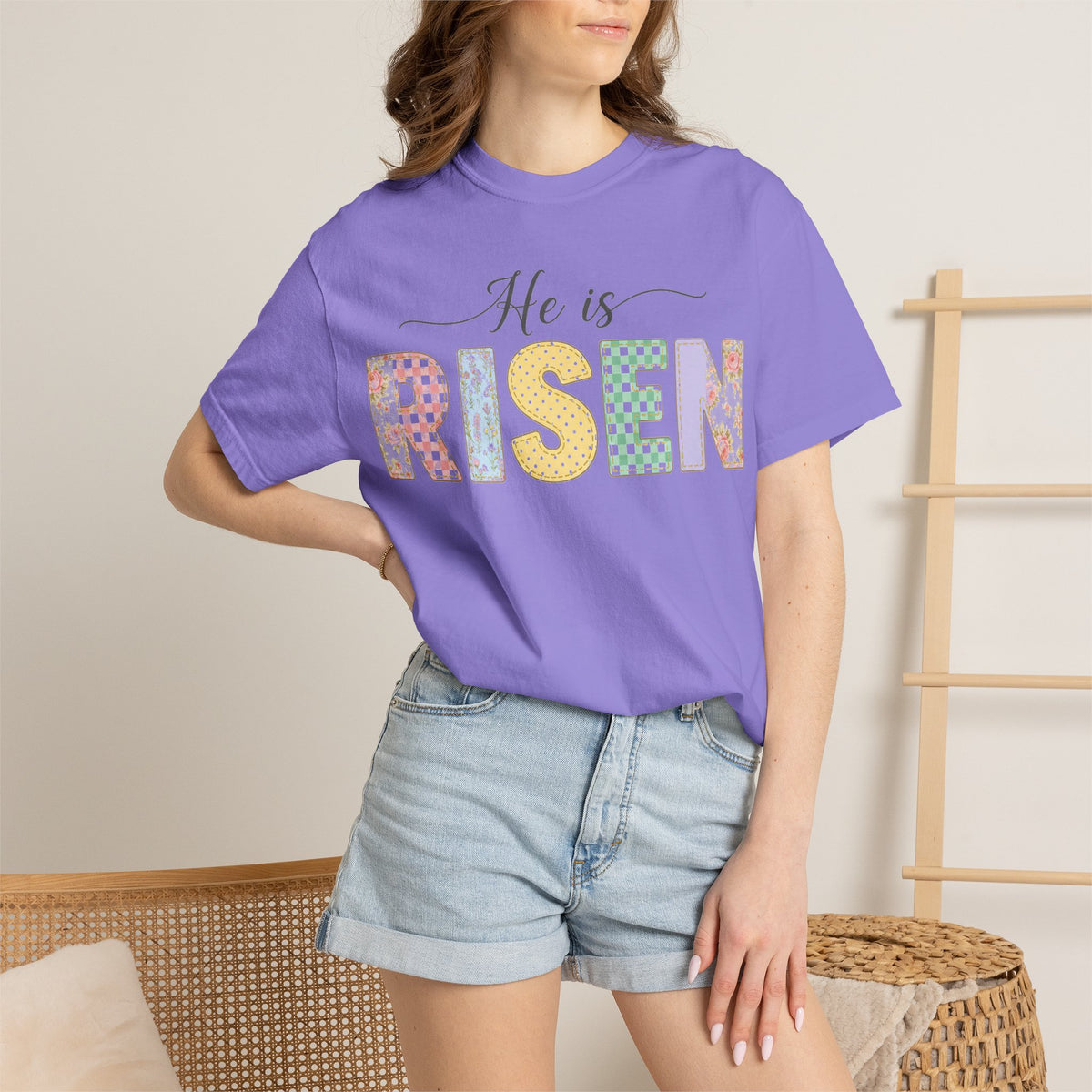 He Is Risen Pastel Patch Shirt, Easter Faux Stitch Letter Tee, Christian Spring Shirt, Easter Gift