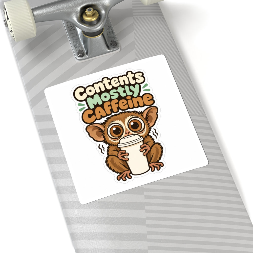 Contents Mostly Caffeine Sticker, Funny Coffee Decal, Cute Tarsier Water Bottle Sticker