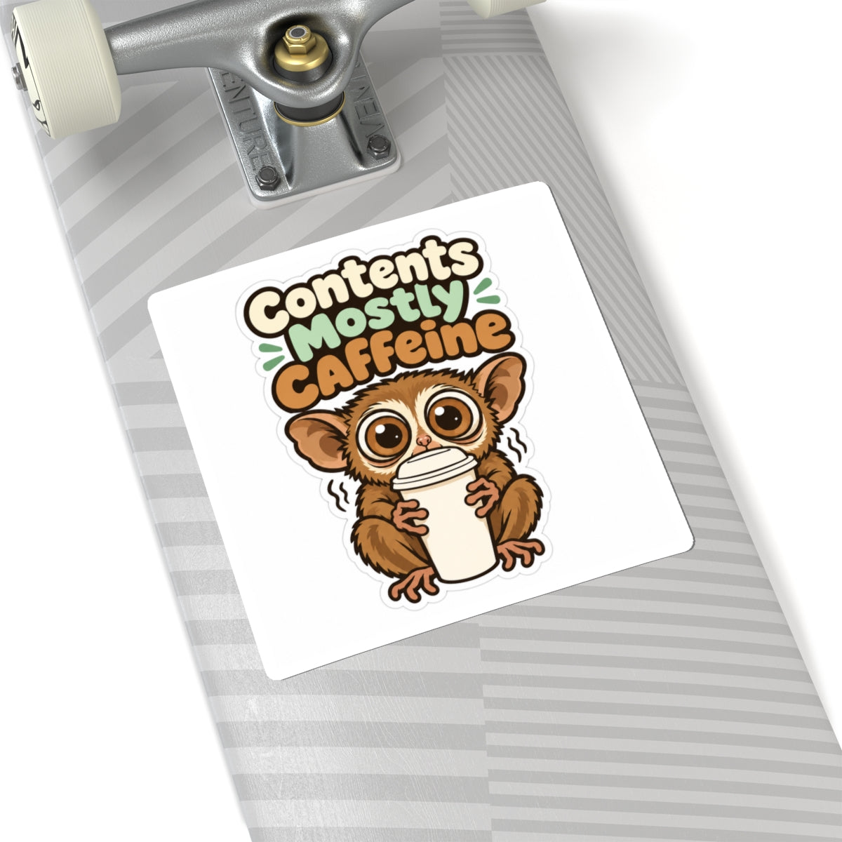 Contents Mostly Caffeine Sticker, Funny Coffee Decal, Cute Tarsier Water Bottle Sticker