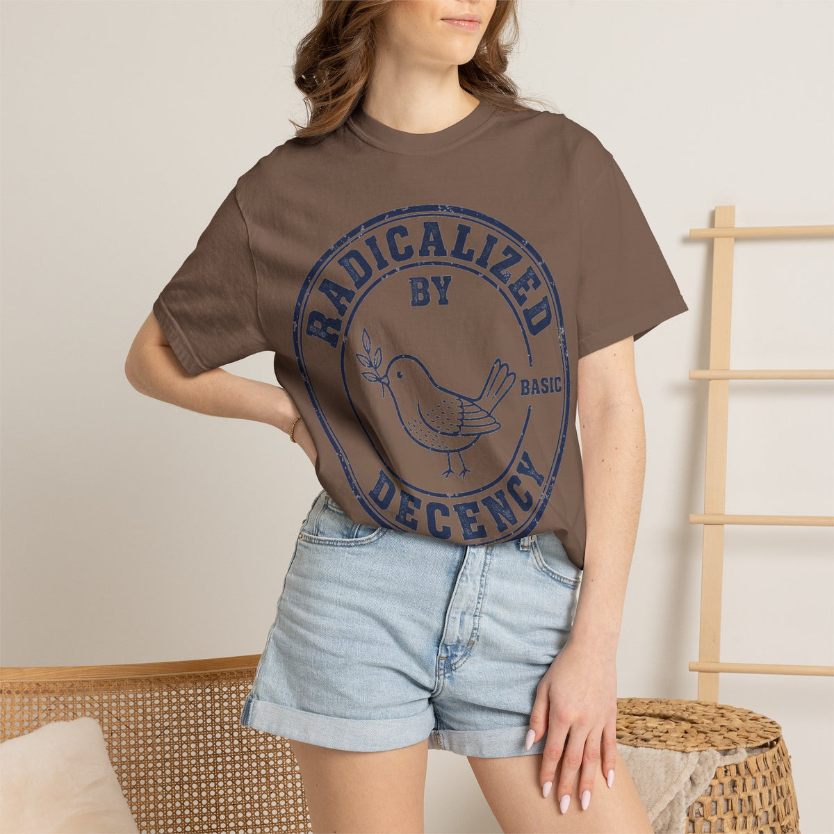 Radicalized By Basic Decency Navy Stamp Shirt, Line Art Dove Badge Tee, Kindness Protest Shirt, Activist Gift