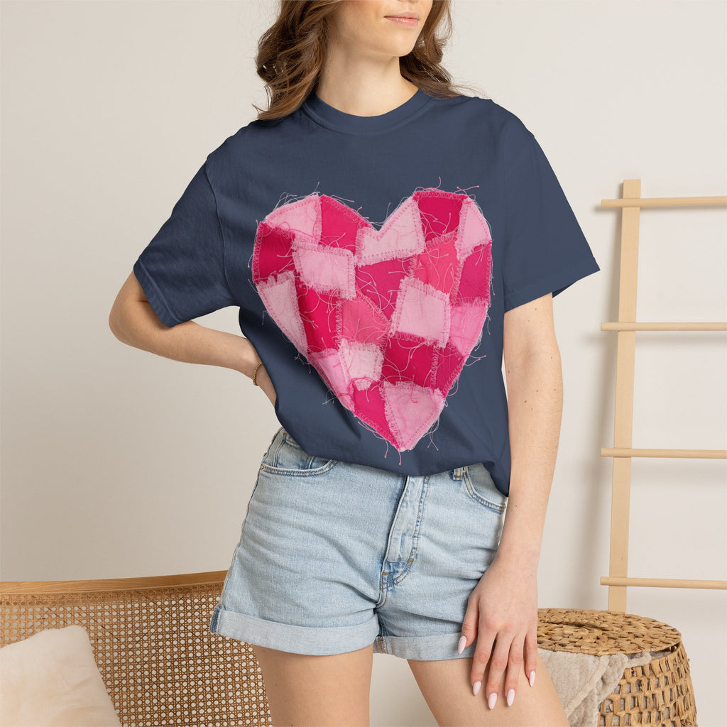 Hot Pink Patchwork Heart Shirt, Checkered Quilt Heart Tee, Frayed Applique Valentine Shirt, Gift For Her