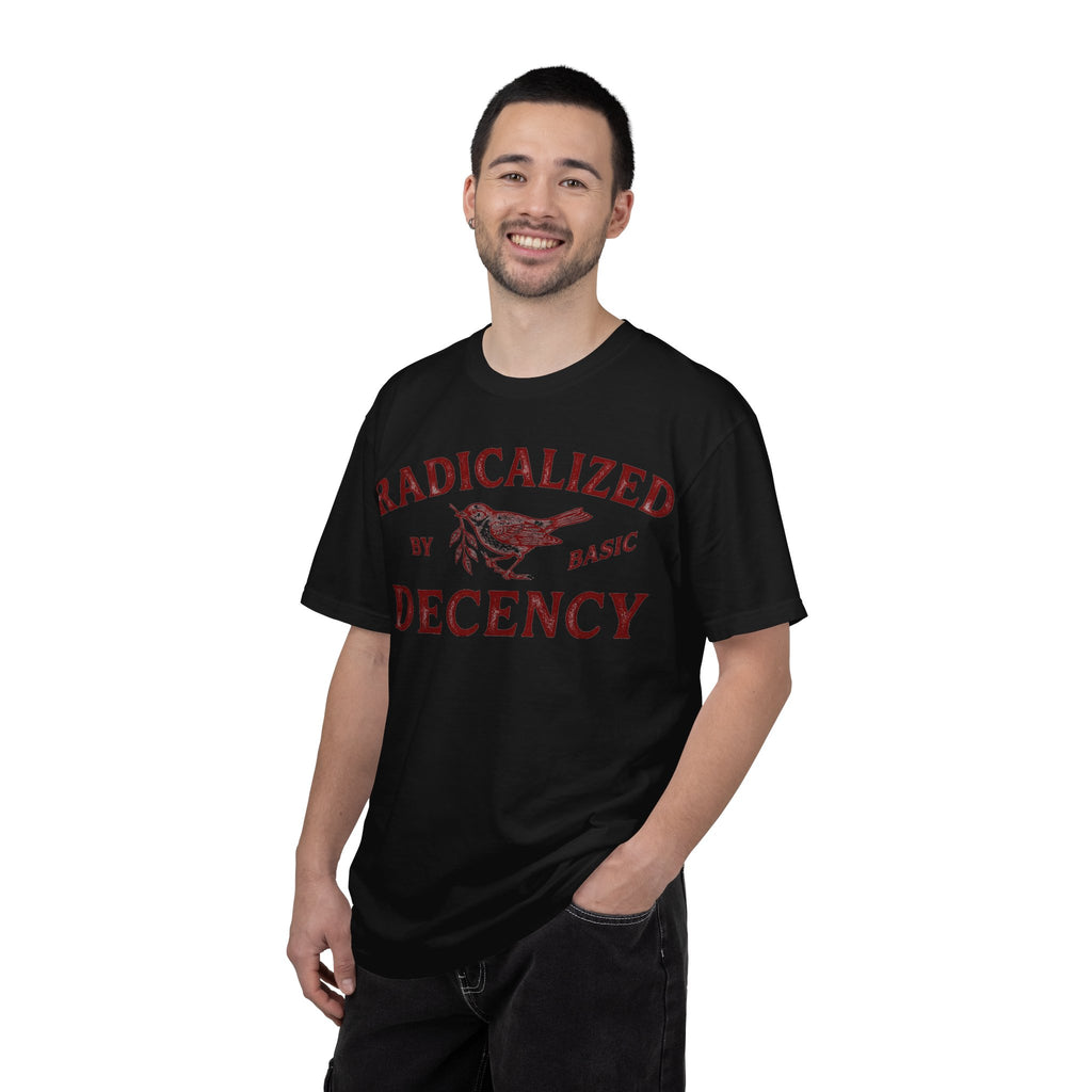 Radicalized By Basic Decency Bold Shirt, Engraved Bird Typography Tee, Kindness Statement Shirt, Protest Gift