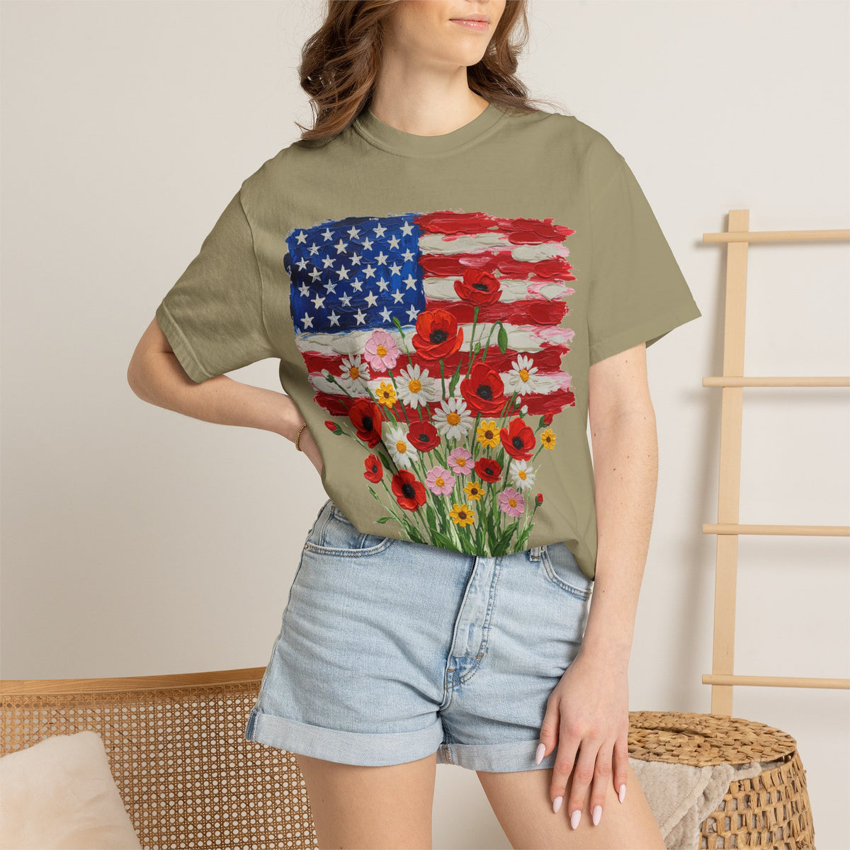 American Flag Poppy Bouquet Shirt, Impasto Patriotic Floral Tee, Memorial Day Shirt, Veterans Gift