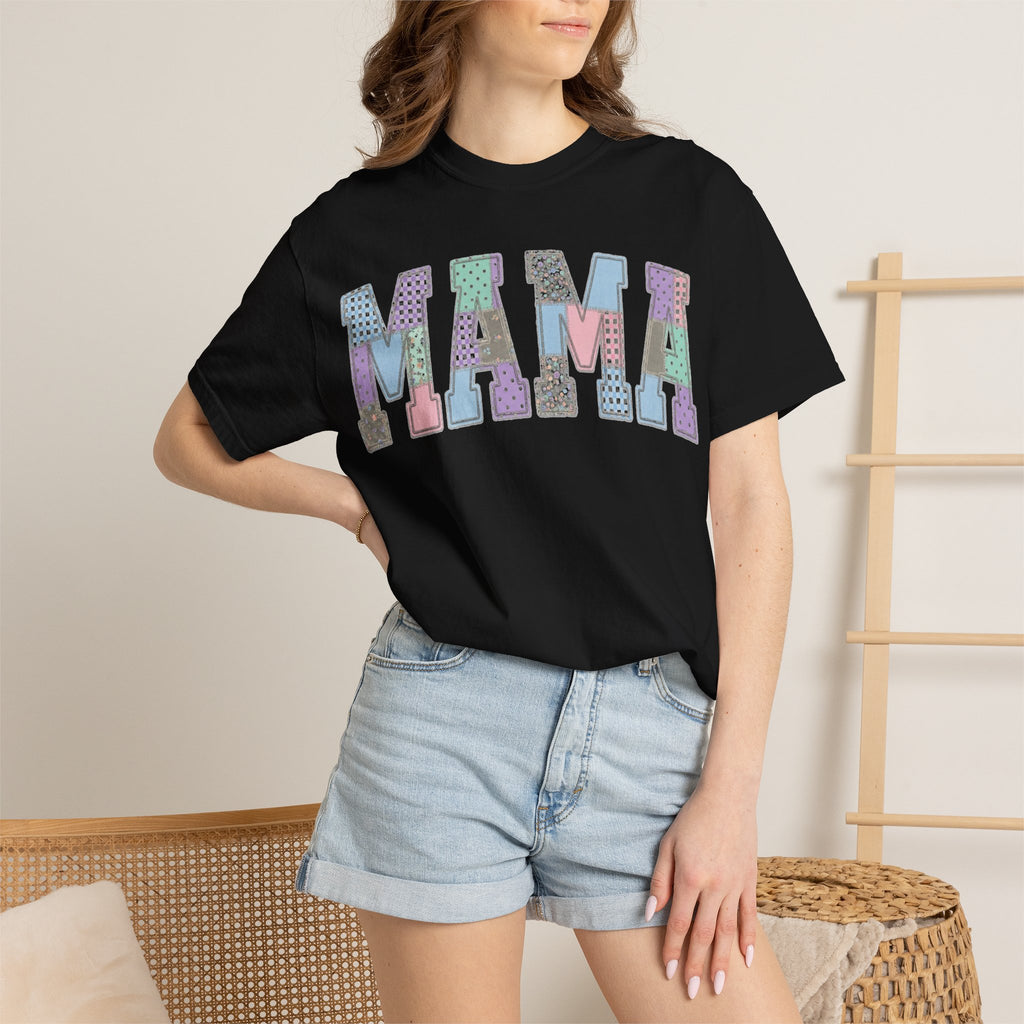 Mama Patchwork Shirt, Pastel Faux Applique Varsity Tee, Shabby Chic Mom Shirt, Mothers Day Gift
