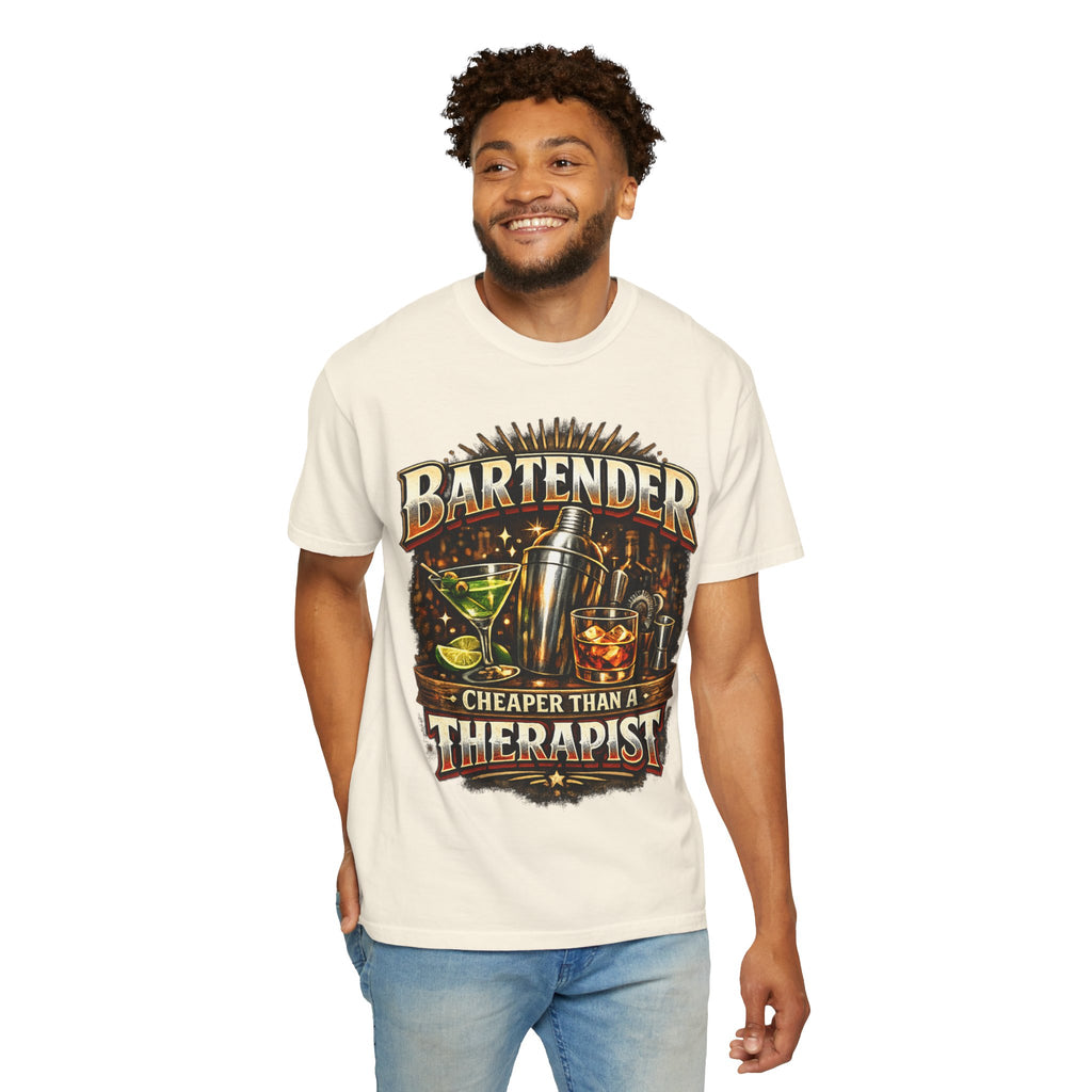 Bartender T-Shirt — "Bartender: Cheaper Than a Therapist" Vintage Bar Graphic Tee