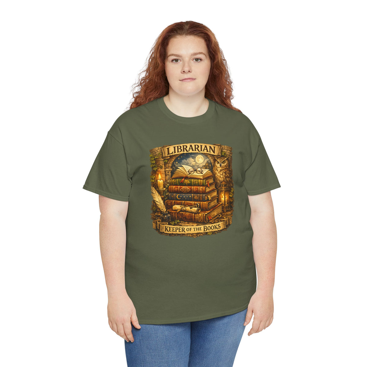 Librarian 'Keeper of the Books' T-Shirt — Vintage Bookstack & Owl Graphic