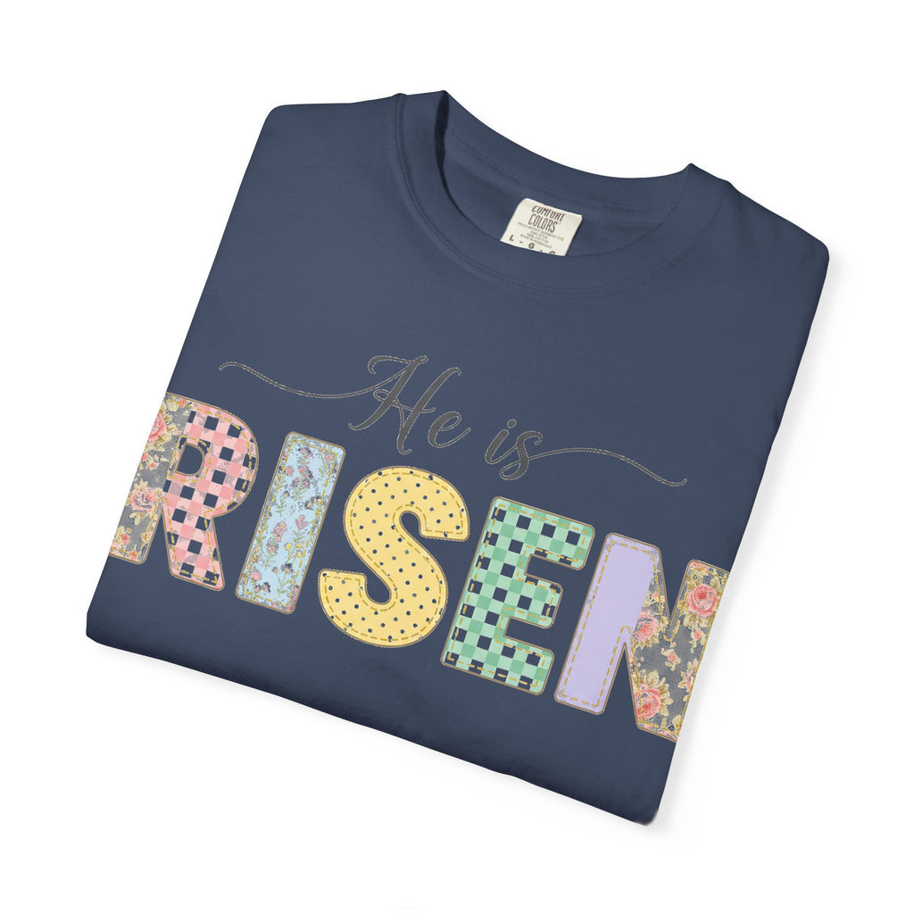 He Is Risen Pastel Patch Shirt, Easter Faux Stitch Letter Tee, Christian Spring Shirt, Easter Gift
