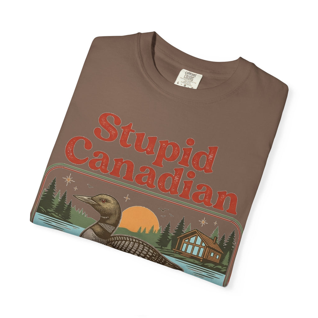 Stupid Canadian Wolf-Bird Classic Shirt, Loon Lake Scene Badge Tee, Funny Cabin Shirt, Lake Life Gift