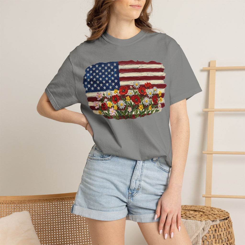 Impasto American Flag Wildflowers Shirt, Painted Flag Floral Tee, Patriotic Garden Shirt, Fourth Of July Gift