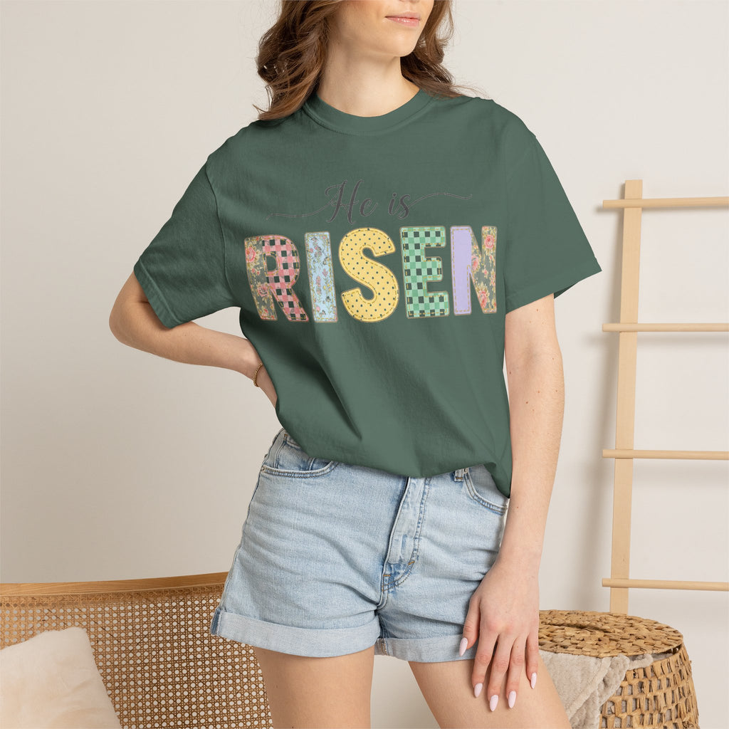 He Is Risen Pastel Patch Shirt, Easter Faux Stitch Letter Tee, Christian Spring Shirt, Easter Gift