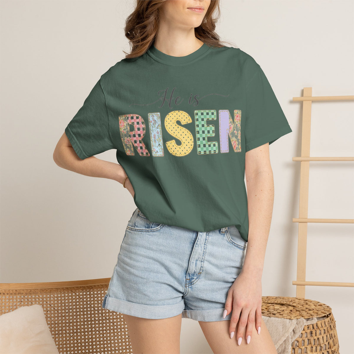 He Is Risen Pastel Patch Shirt, Easter Faux Stitch Letter Tee, Christian Spring Shirt, Easter Gift
