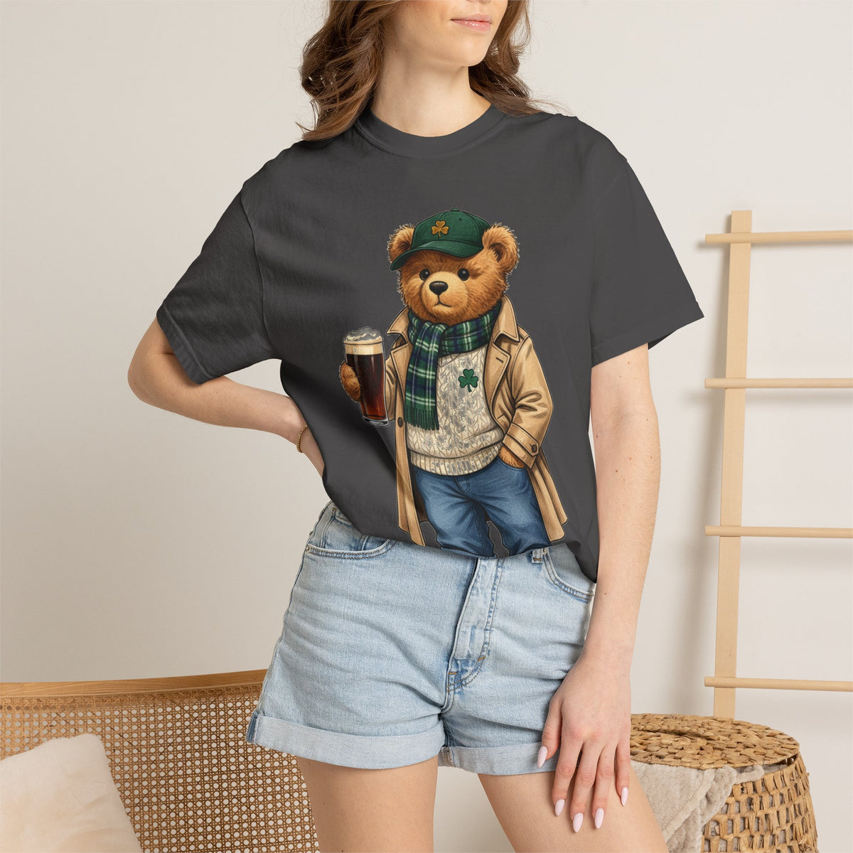 Irish Teddy Bear Trench Coat Shirt, Flat Cap Bear Stout Pint Tee, St Patricks Day Shirt, Irish Gift
