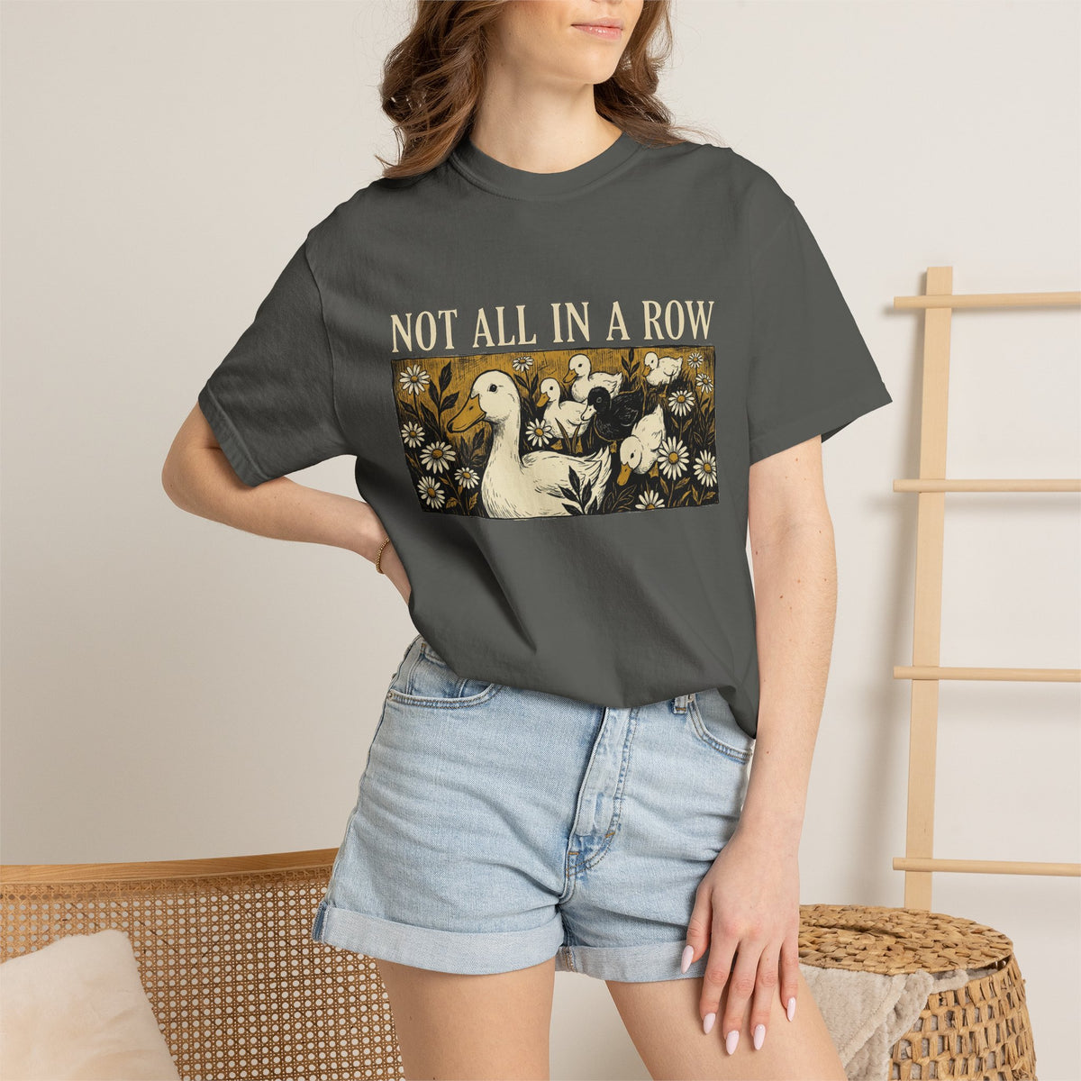 Not All In A Row Shirt, Woodcut Duck And Daisies Tee, Vintage Block Print Shirt, Funny Duck Gift