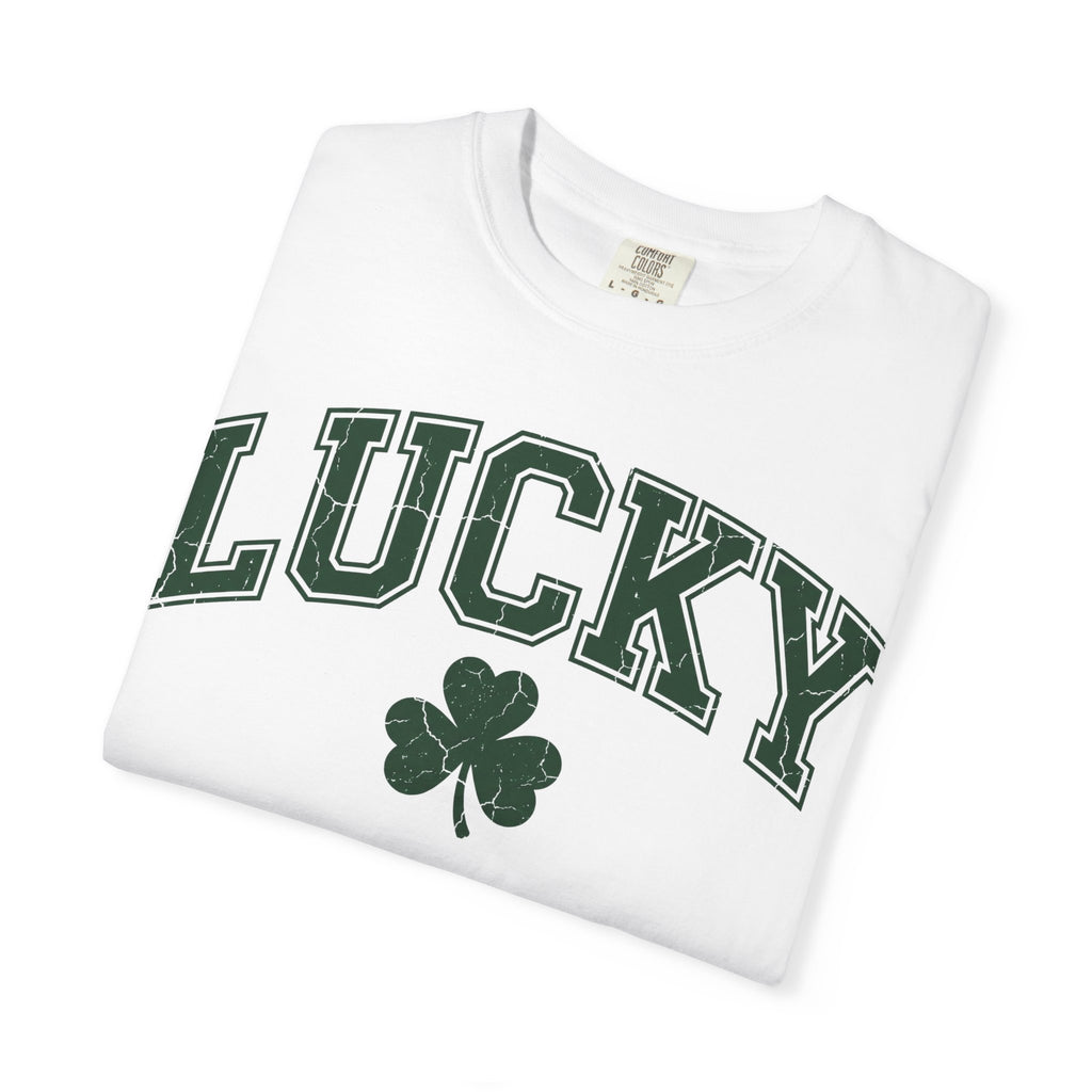 Lucky Shamrock Varsity Shirt, Distressed Green Clover Tee, St Patricks Day Collegiate Shirt, Irish Gift