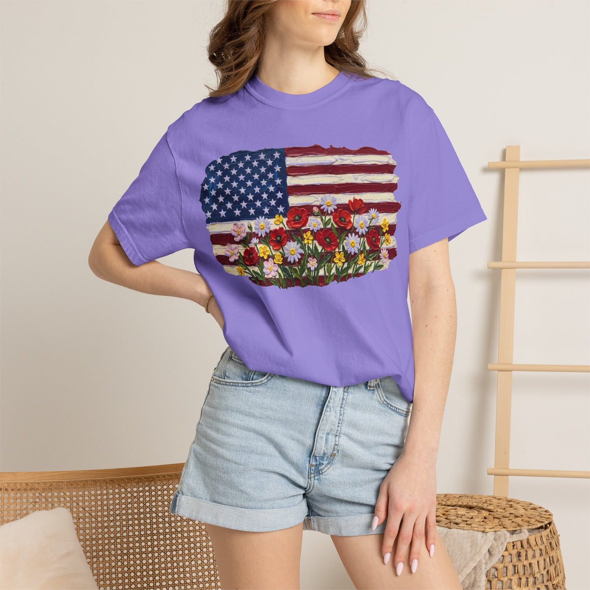 Impasto American Flag Wildflowers Shirt, Painted Flag Floral Tee, Patriotic Garden Shirt, Fourth Of July Gift