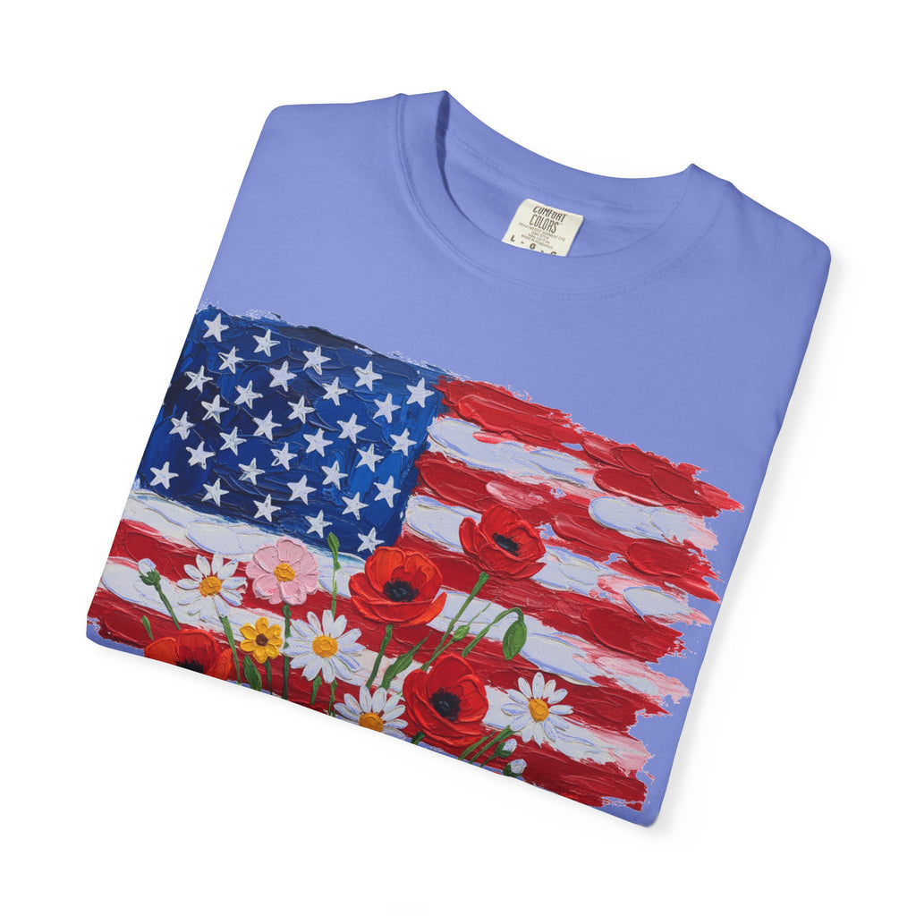 American Flag Poppy Bouquet Shirt, Impasto Patriotic Floral Tee, Memorial Day Shirt, Veterans Gift