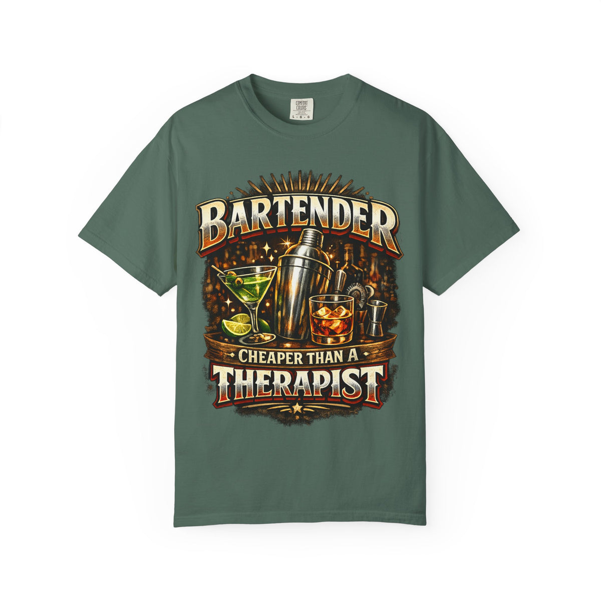 Bartender T-Shirt — "Bartender: Cheaper Than a Therapist" Vintage Bar Graphic Tee