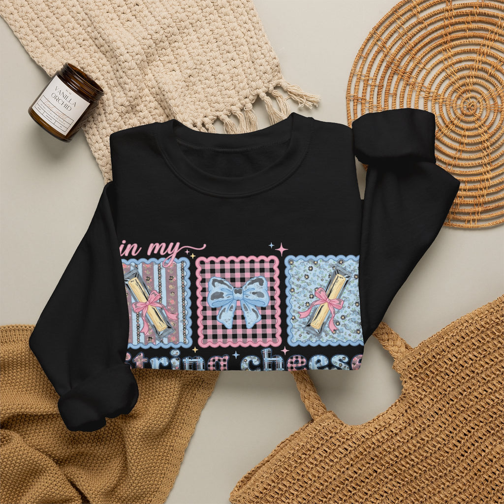 In My String Cheese Era Sweatshirt, Coquette Bow Snack Sweatshirt, Funny Girly Meme Sweatshirt, Pastel Pink Blue Gift for Her, Cute Food Hum