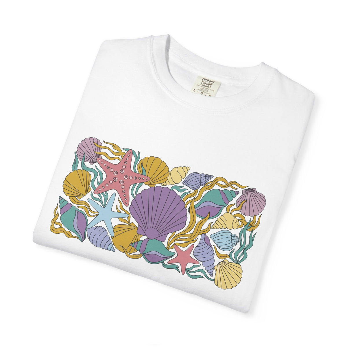 Seashell Starfish Shirt, Pastel Beach Shell Collage Tee, Coastal Summer Shirt, Beach Lover Gift