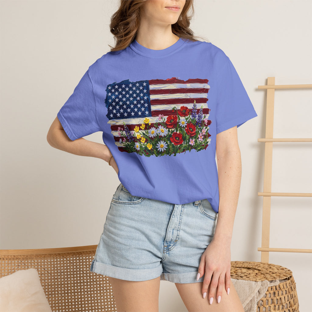 Painted Flag Wildflower Meadow Shirt, Impasto Americana Floral Tee, Patriotic Shirt, Independence Day Gift