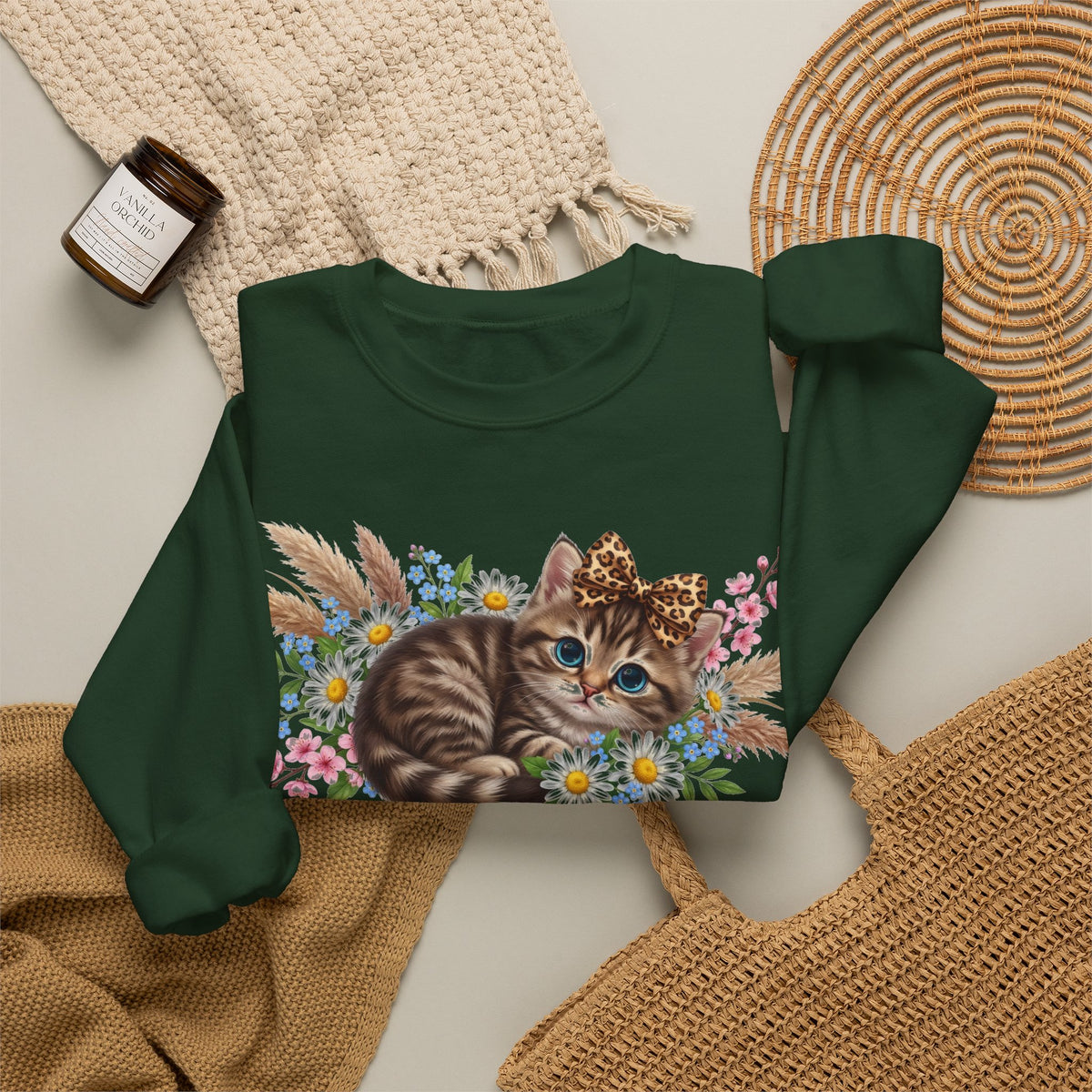 Cute Kitten Sweatshirt, Leopard Bow Floral Cat Sweatshirt, Coquette Cat Lover Gift, Tabby Kitten Pampas Flowers Sweatshirt, Cat Mom Boho Swe