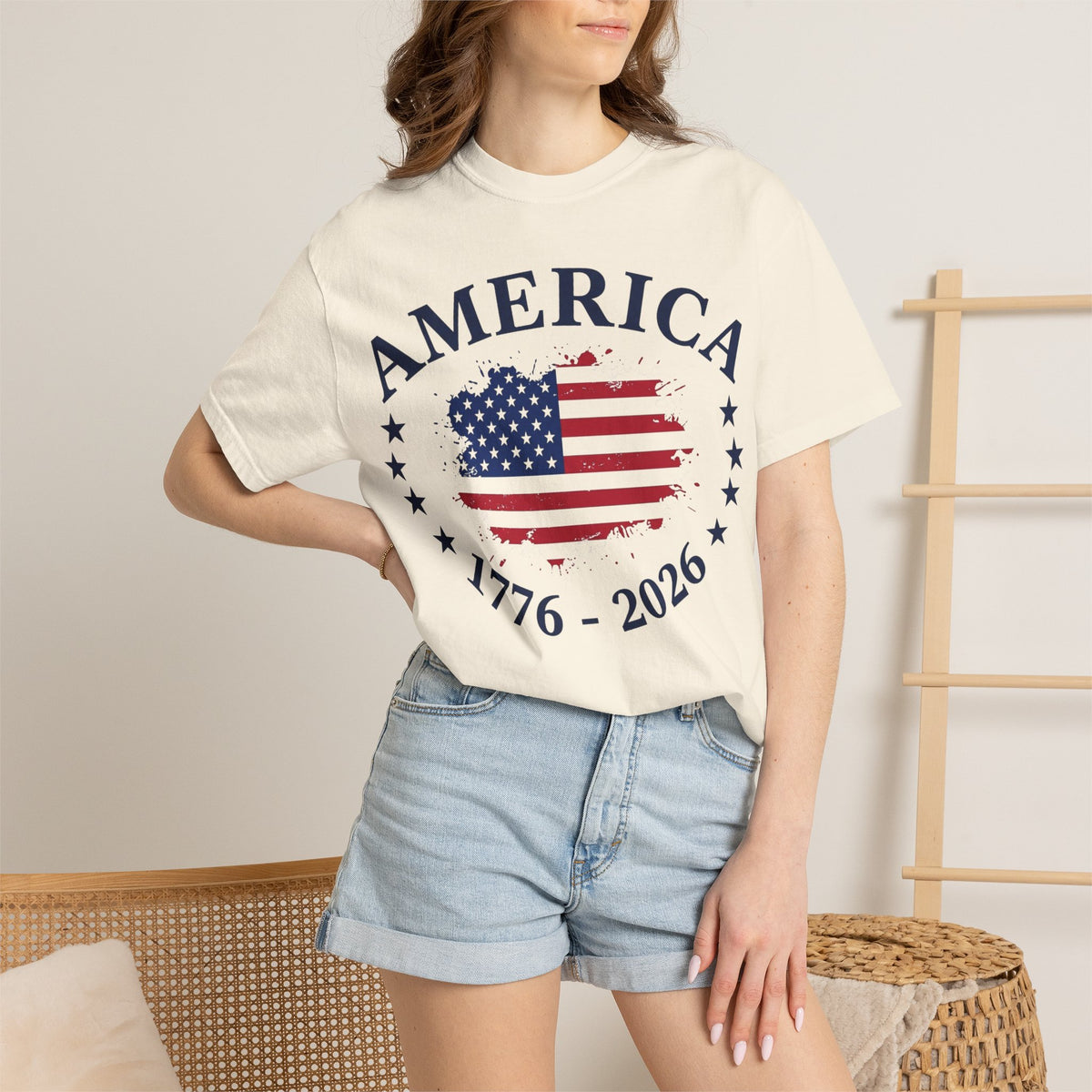 America 1776 2026 Wide Flag Shirt, Patriotic Star Border Tee, Distressed USA Flag Shirt, July 4th Gift