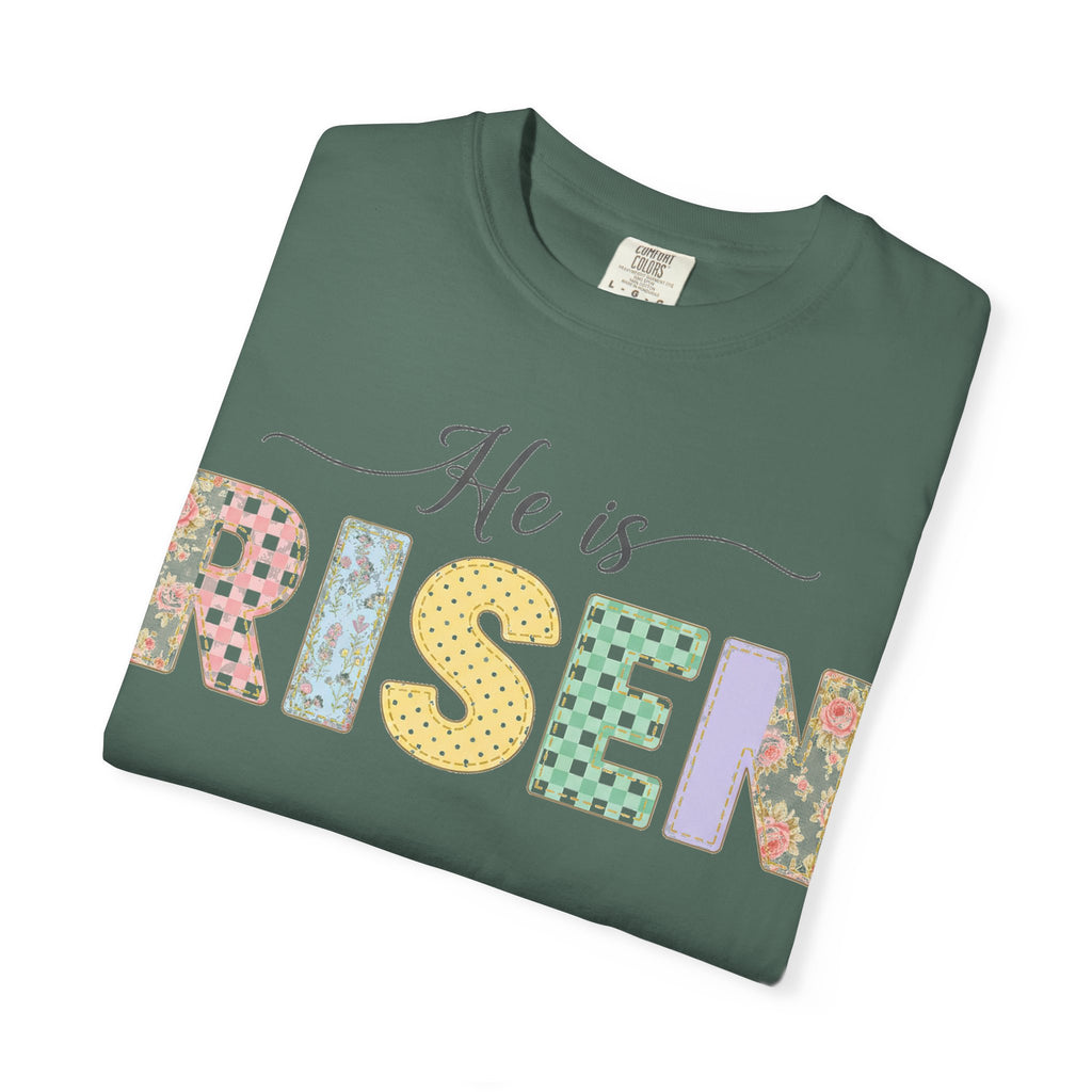 He Is Risen Pastel Patch Shirt, Easter Faux Stitch Letter Tee, Christian Spring Shirt, Easter Gift