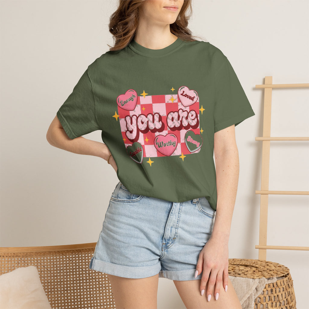 You Are Enough Pink Check Shirt, Affirmation Conversation Heart Tee, Valentines Shirt, Self Love Gift